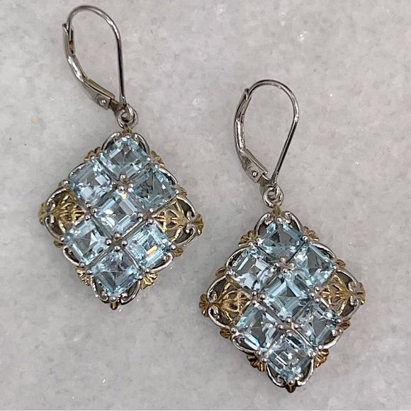 Sky Blue Topaz 14K YG Asscher Cut Sterling Silver Lever Back Earrings - Picture 8 of 14